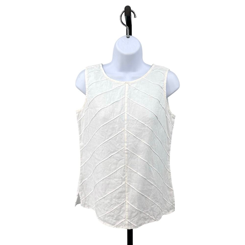 Talbots Shirt White Sleeveless WMN 6 Crew Neck 100% Linen Keyhole Back Side Slit